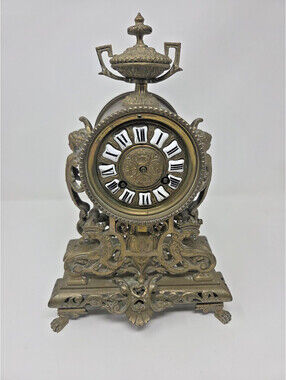19th Century French Ornate Brass Mantel Clock With Roman Numeral Enamel Dial